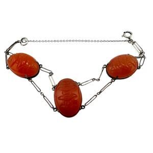 Antique Carnelian 925 Sterling Carved Chinese Pagoda Cabochon 6.5” Bracelet
